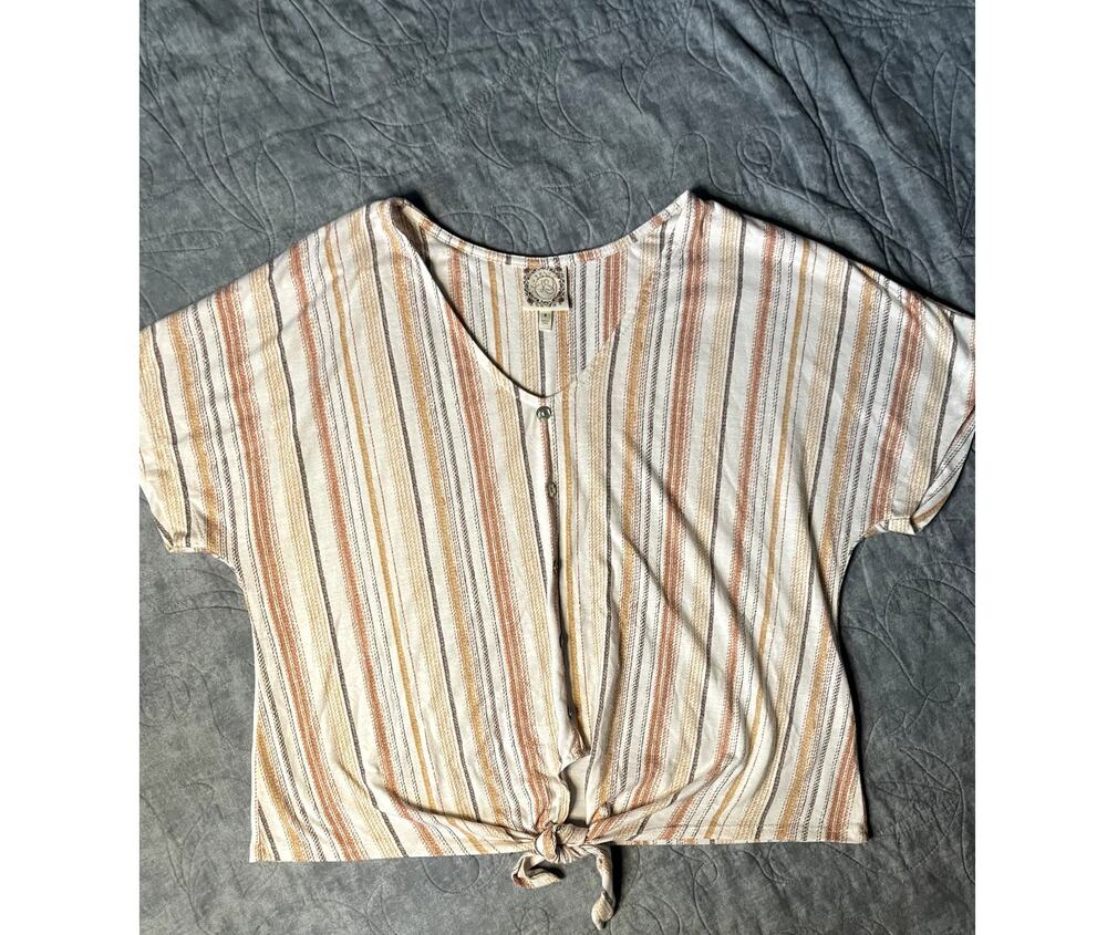 Tru Self Terracotta Stripe Button V-Neck Boho Blouse Small S 11BQ-EXJK